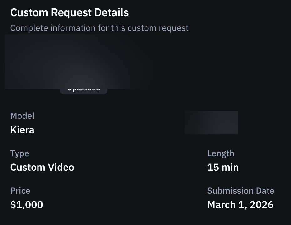 $1,000 custom video order, March 1